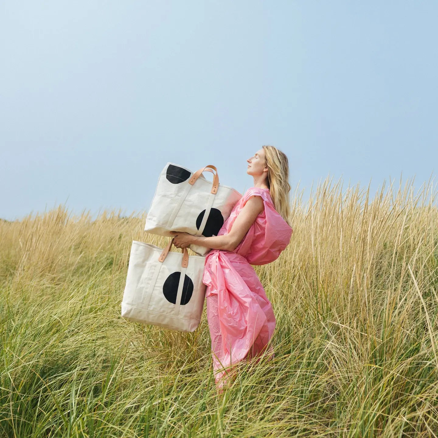 Large East West Tote | Black Polka Dot