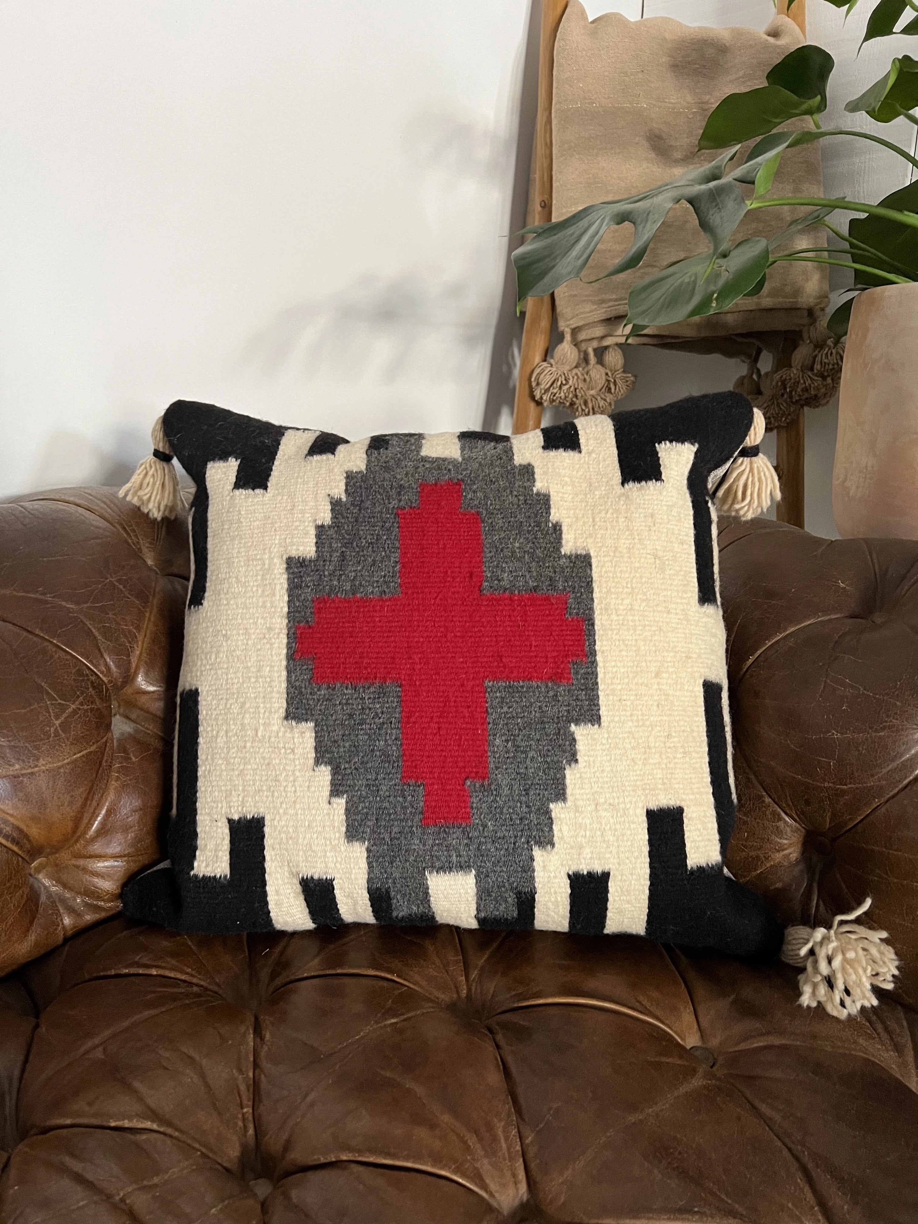 Vintage Navajo Rug Pillow | Red Cross