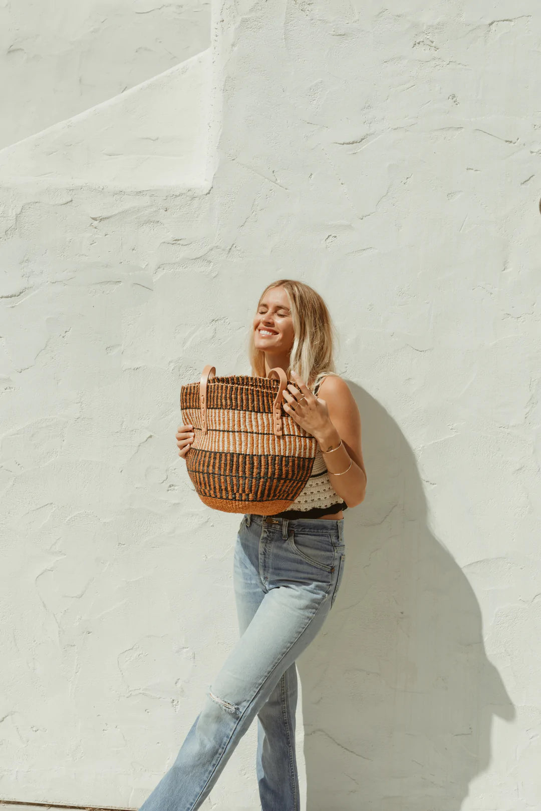 Sisal Basket Bag | Stripes in Medium Brown
